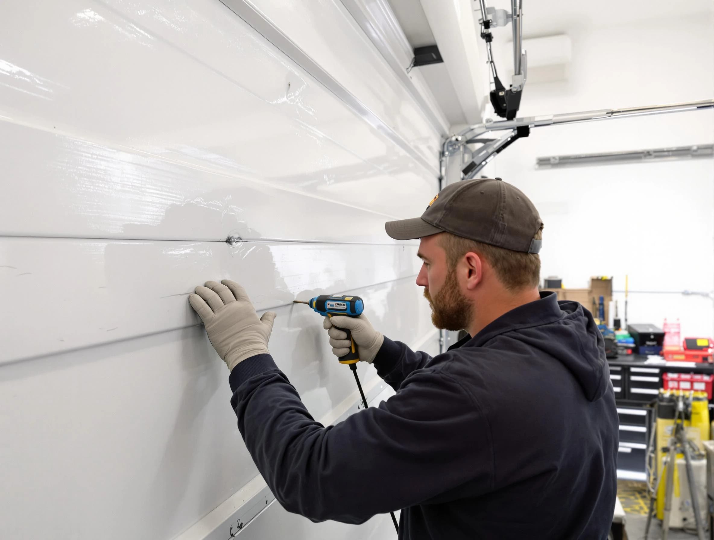 Washington Garage Door Repair technician demonstrating precision dent removal techniques on a Washington garage door